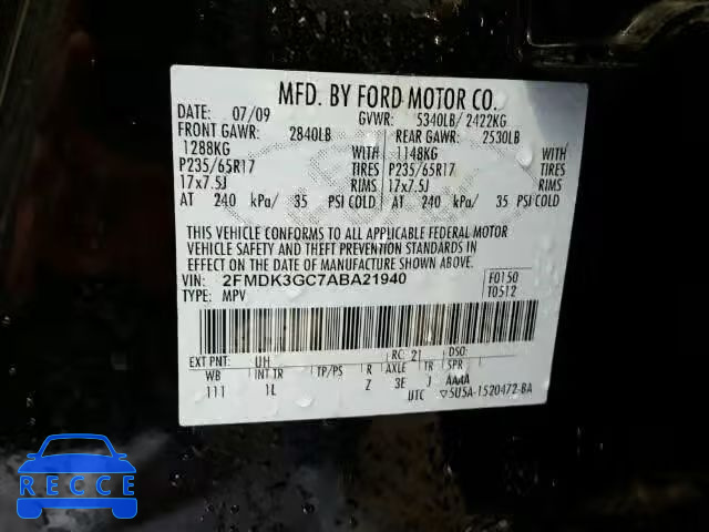 2010 FORD EDGE SE 2FMDK3GC7ABA21940 Bild 9