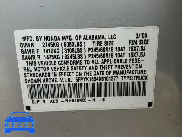 2009 HONDA RIDGELINE 5FPYK16549B101277 image 9