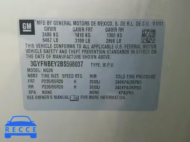 2011 CADILLAC SRX PERFOR 3GYFNBEY2BS598037 image 9