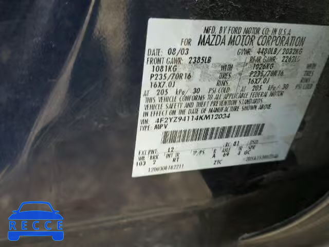 2004 MAZDA TRIBUTE LX 4F2YZ94114KM12034 image 9