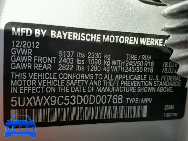 2013 BMW X3 XDRIVE2 5UXWX9C53D0D00768 зображення 9