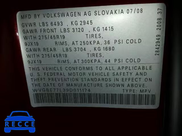 2009 VOLKSWAGEN TOUAREG 2 WVGBE77L39D011174 image 9