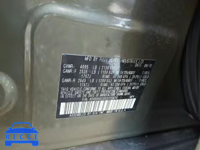 2016 SUBARU OUTBACK 2. 4S4BSAEC0G3225874 image 9