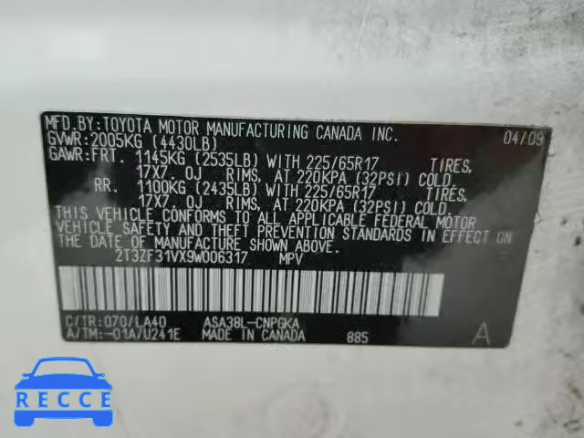 2009 TOYOTA RAV4 LTD 2T3ZF31VX9W006317 image 9