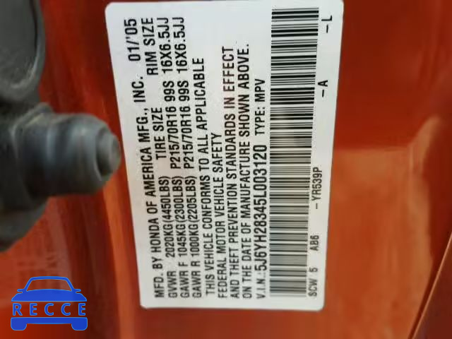 2005 HONDA ELEMENT LX 5J6YH28345L003120 image 9
