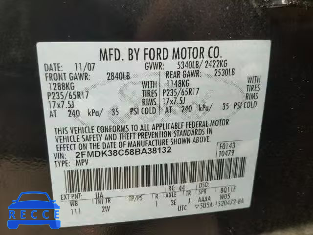 2008 FORD EDGE SEL 2FMDK38C58BA38132 зображення 9