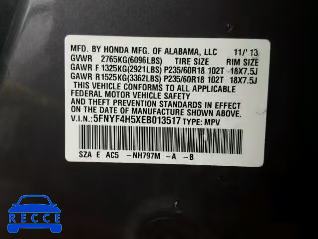 2014 HONDA PILOT EXL 5FNYF4H5XEB013517 image 9