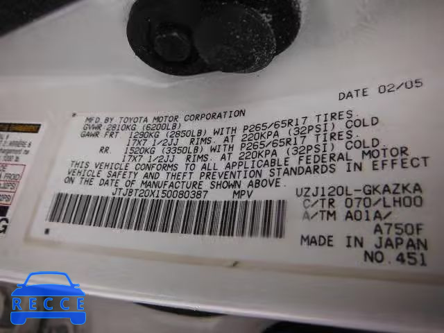 2005 LEXUS GX 470 JTJBT20X150080387 image 9