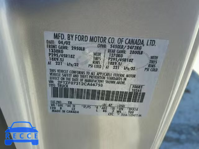 2002 FORD F150 SVT L 2FTZF07312CA66753 Bild 9