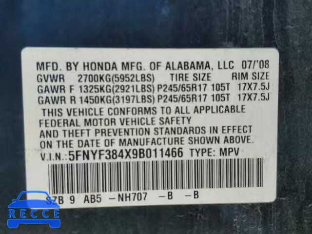 2009 HONDA PILOT EX 5FNYF384X9B011466 image 9