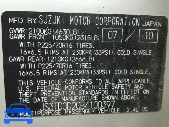 2011 SUZUKI GRAND VITA JS3TD0D20B4100397 image 9
