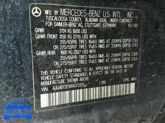 1999 MERCEDES-BENZ ML430 4JGAB72E9XA072220 зображення 9