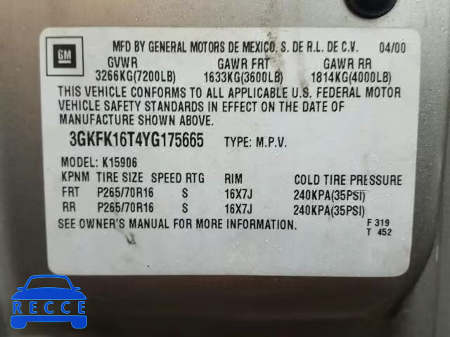 2000 GMC YUKON XL K 3GKFK16T4YG175665 image 9