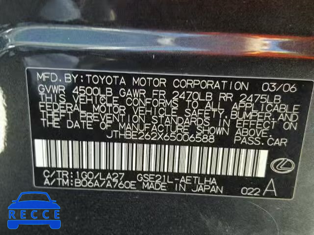 2006 LEXUS IS350 JTHBE262X65006588 image 9