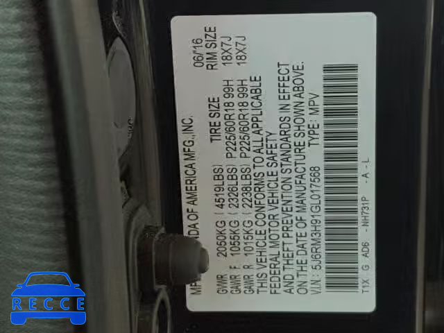 2016 HONDA CR-V TOURI 5J6RM3H91GL017568 image 9
