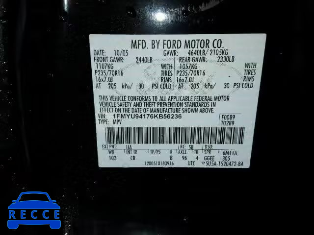2006 FORD ESCAPE LIM 1FMYU94176KB56236 image 9