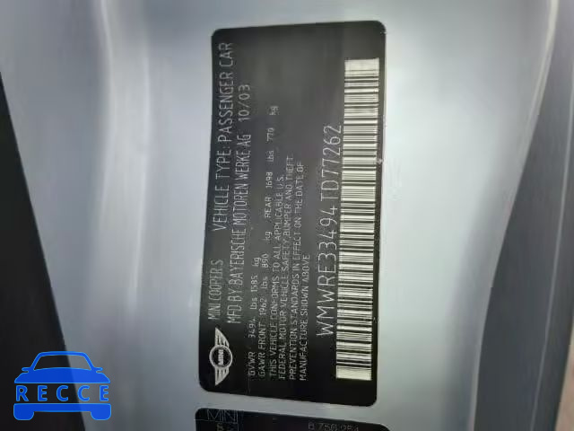 2004 MINI COOPER S WMWRE33494TD77262 image 9