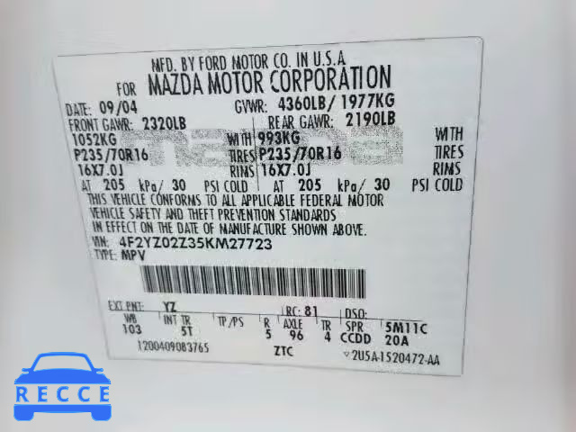 2005 MAZDA TRIBUTE I 4F2YZ02Z35KM27723 image 9