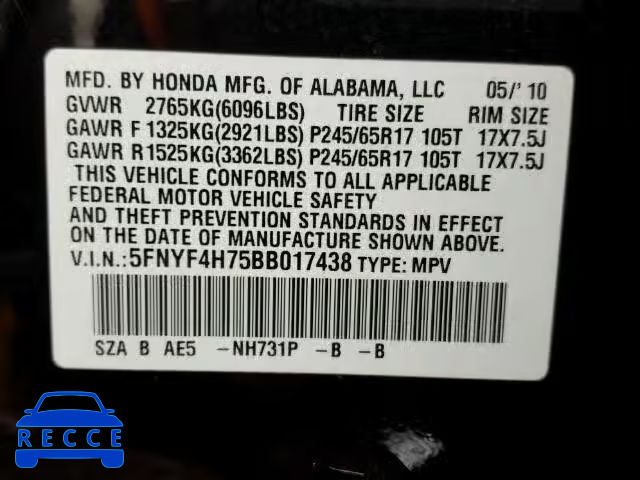 2011 HONDA PILOT EXLN 5FNYF4H75BB017438 image 9