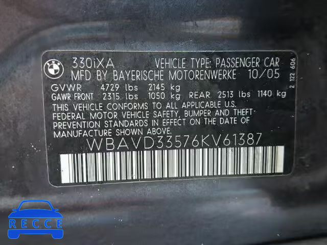 2006 BMW 330XI WBAVD33576KV61387 image 9