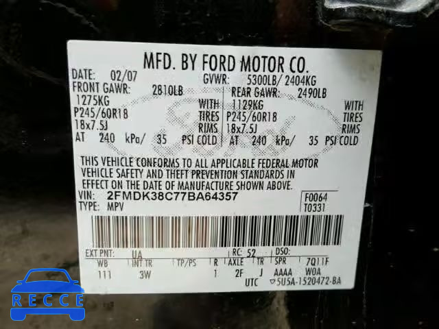 2007 FORD EDGE SEL 2FMDK38C77BA64357 зображення 9