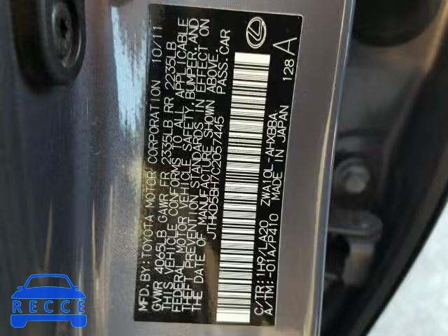 2012 LEXUS CT200H JTHKD5BH7C2057445 image 9