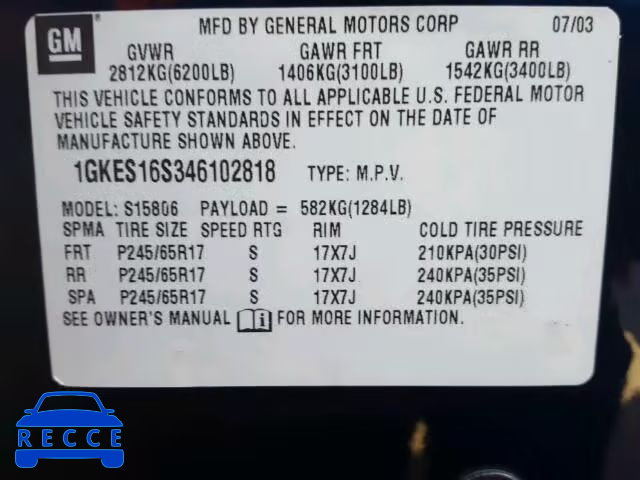 2004 GMC ENVOY XL 1GKES16S346102818 image 9