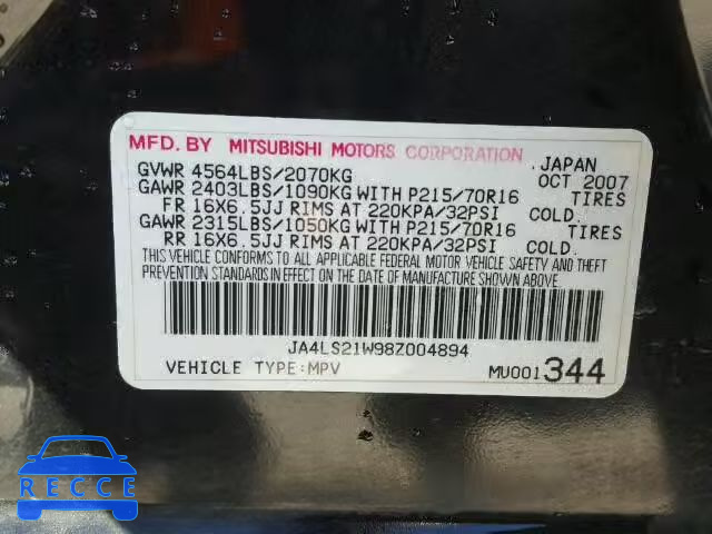 2008 MITSUBISHI OUTLANDER JA4LS21W98Z004894 image 9