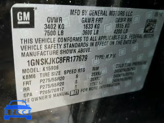 2015 CHEVROLET K1500 SUBU 1GNSKJKC8FR177679 image 9