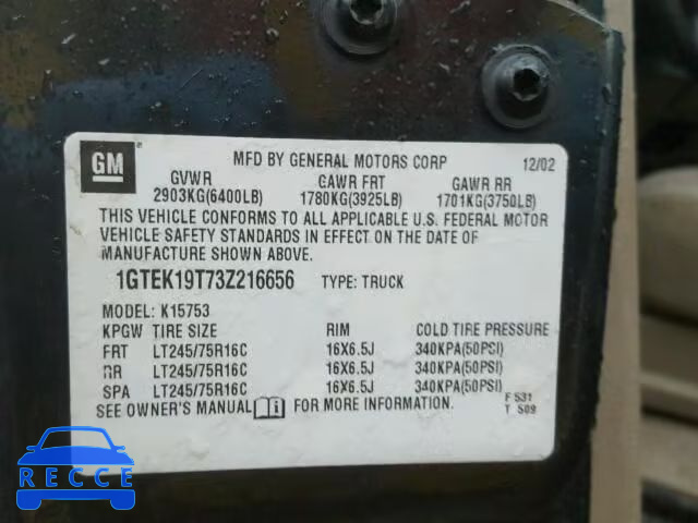 2003 GMC SIERRA K15 1GTEK19T73Z216656 image 9
