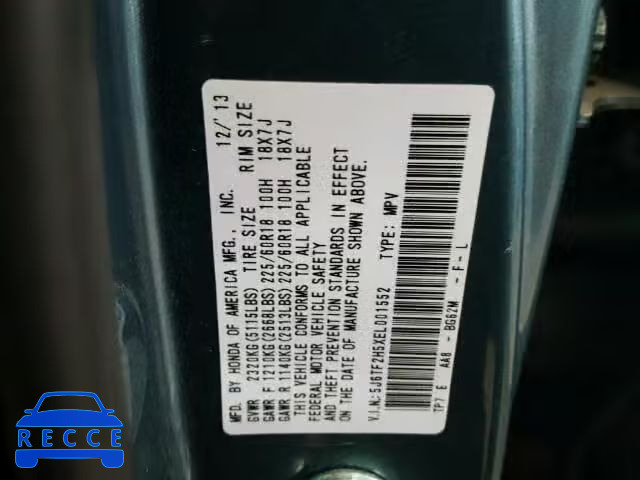2014 HONDA CROSSTOUR 5J6TF2H5XEL001552 image 9