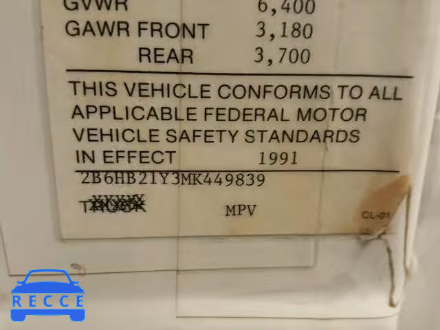 1991 DODGE RAM VAN B2 2B6HB21Y3MK449839 image 9