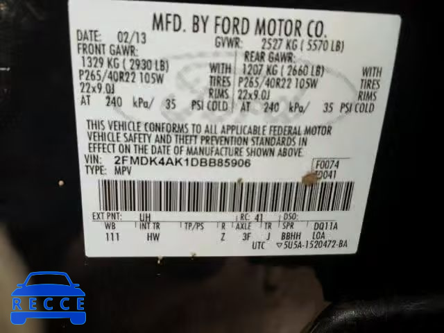 2013 FORD EDGE SPORT 2FMDK4AK1DBB85906 зображення 9