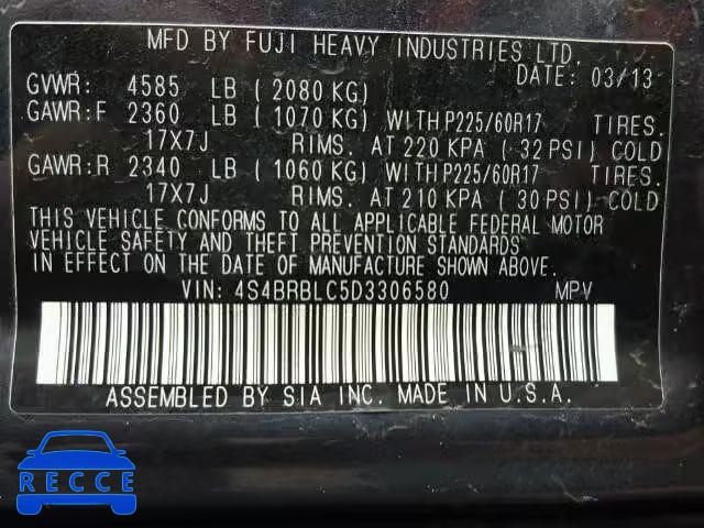 2013 SUBARU OUTBACK 2. 4S4BRBLC5D3306580 image 9