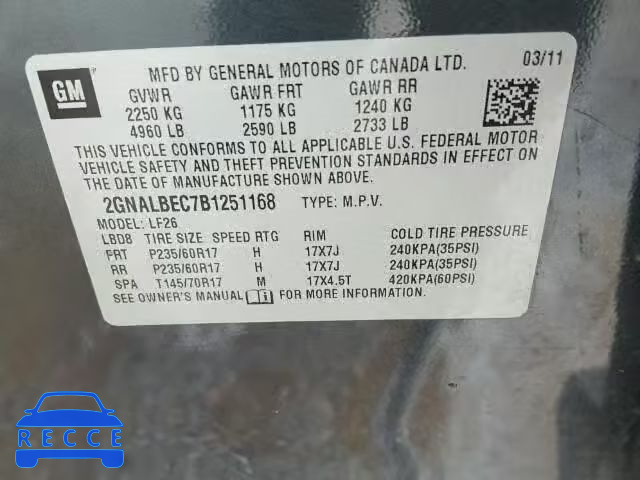 2011 CHEVROLET EQUINOX LS 2GNALBEC7B1251168 image 9