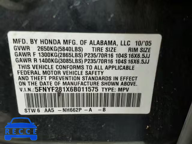 2006 HONDA PILOT LX 5FNYF281X6B011575 image 9