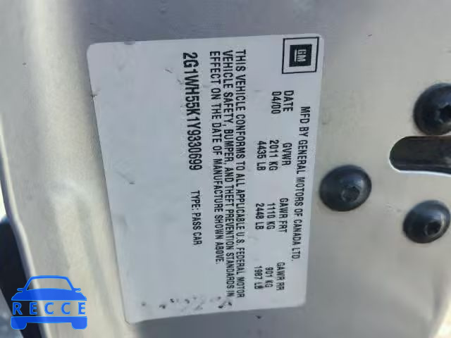 2000 CHEVROLET IMPALA LS 2G1WH55K1Y9330699 image 9