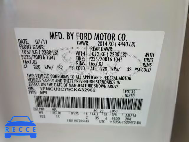 2012 FORD ESCAPE XLS 1FMCU0C79CKA32962 зображення 9