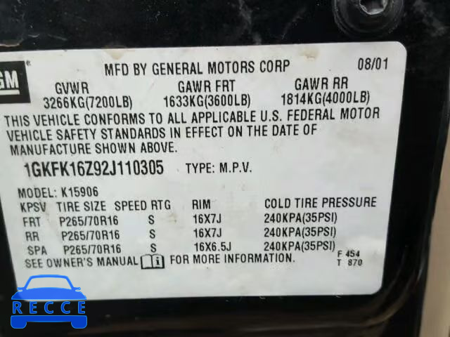 2002 GMC YUKON XL K 1GKFK16Z92J110305 image 9