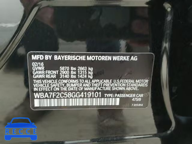 2016 BMW 750I XDRIV WBA7F2C58GG419101 зображення 9