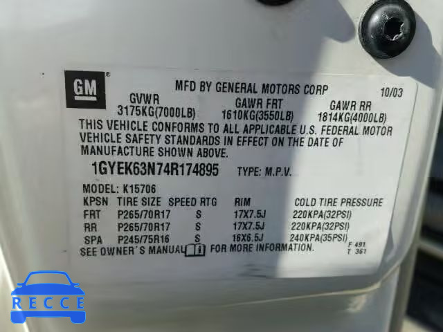2004 CADILLAC ESCALADE L 1GYEK63N74R174895 image 9