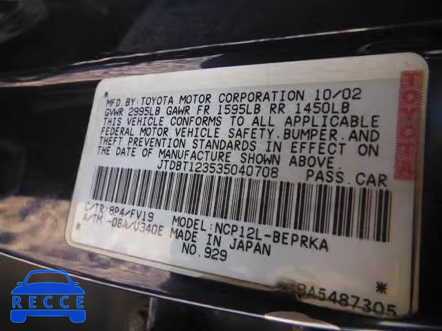 2003 TOYOTA ECHO JTDBT123535040708 image 9