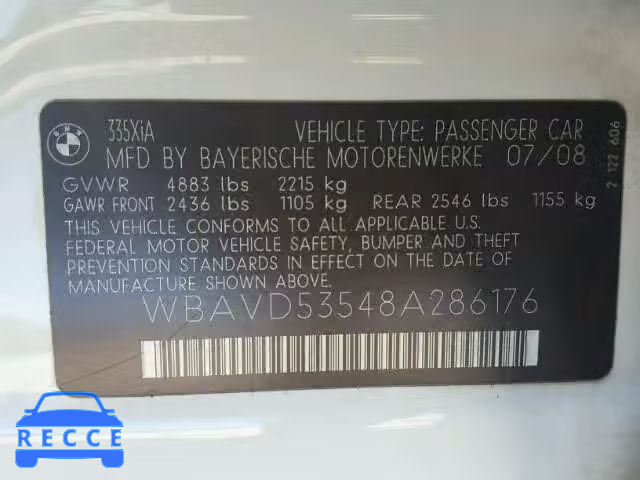 2008 BMW 335XI WBAVD53548A286176 зображення 9