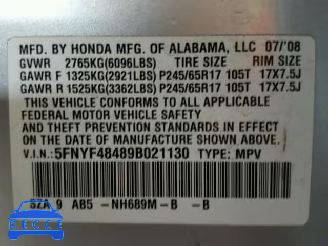 2009 HONDA PILOT EX 5FNYF48489B021130 image 9