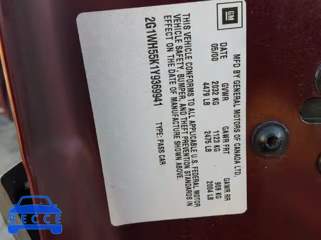 2000 CHEVROLET IMPALA LS 2G1WH55K1Y9369941 image 9