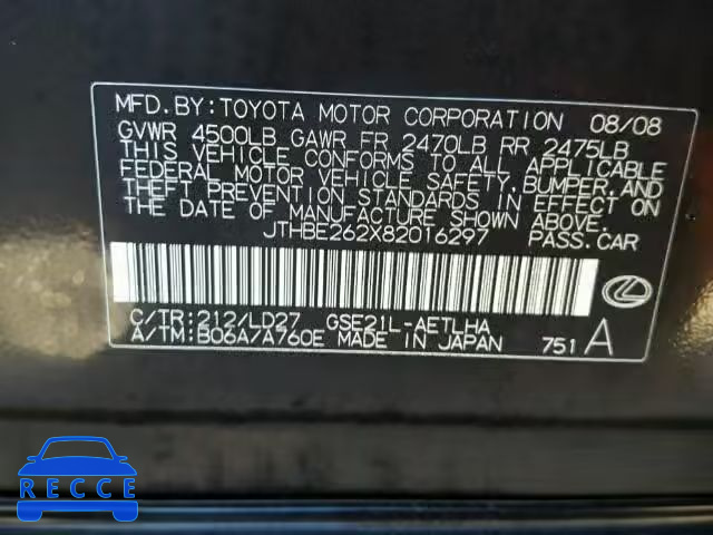 2008 LEXUS IS350 JTHBE262X82016297 image 9