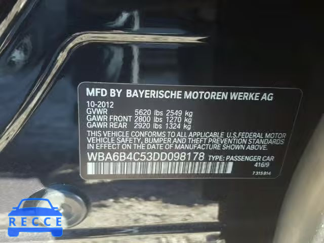 2013 BMW 650I XI WBA6B4C53DD098178 зображення 9