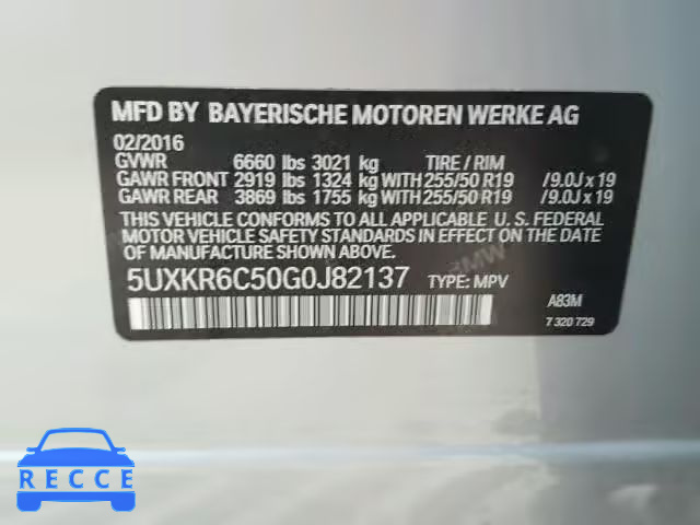2016 BMW X5 XDRIVE5 5UXKR6C50G0J82137 image 9