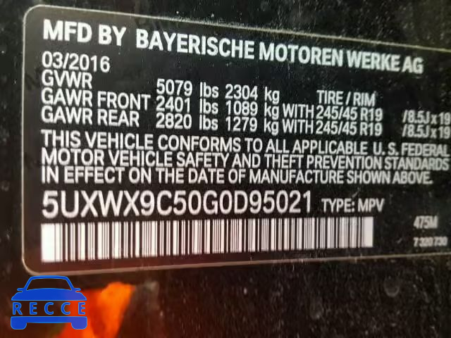 2016 BMW X3 XDRIVE2 5UXWX9C50G0D95021 зображення 9