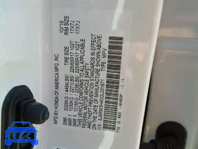 2016 HONDA CR-V SE 5J6RM3H40GL031871 Bild 9